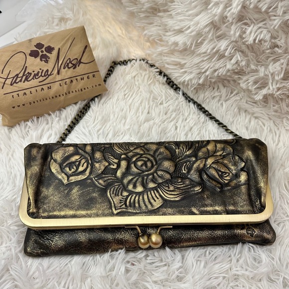 Patricia Nash Handbags - Patricia Nash Bosa Black Gold Metallic Rose Embossed Framed Leather Clutch Bag